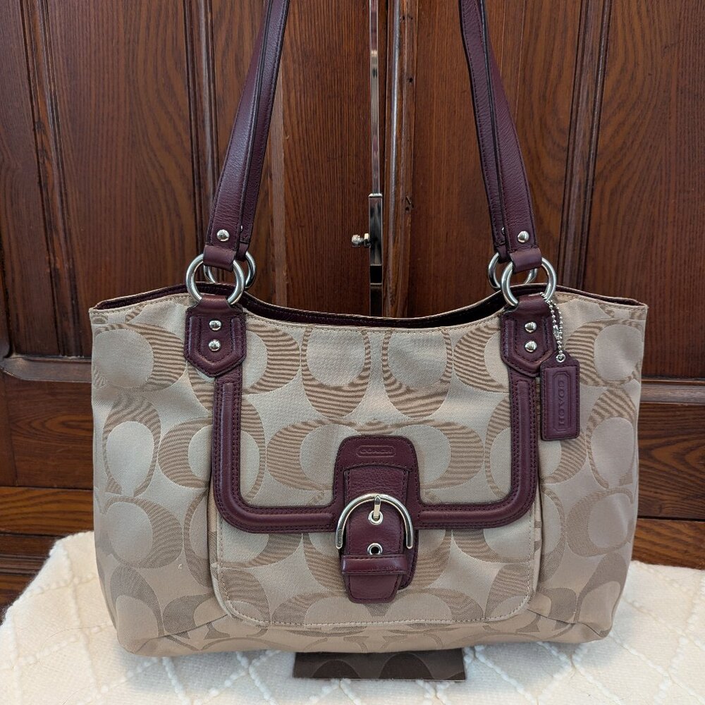 Coach Khaki Campbell Signature Belle Carryall Tote Bag F25294 Burgundy Leather